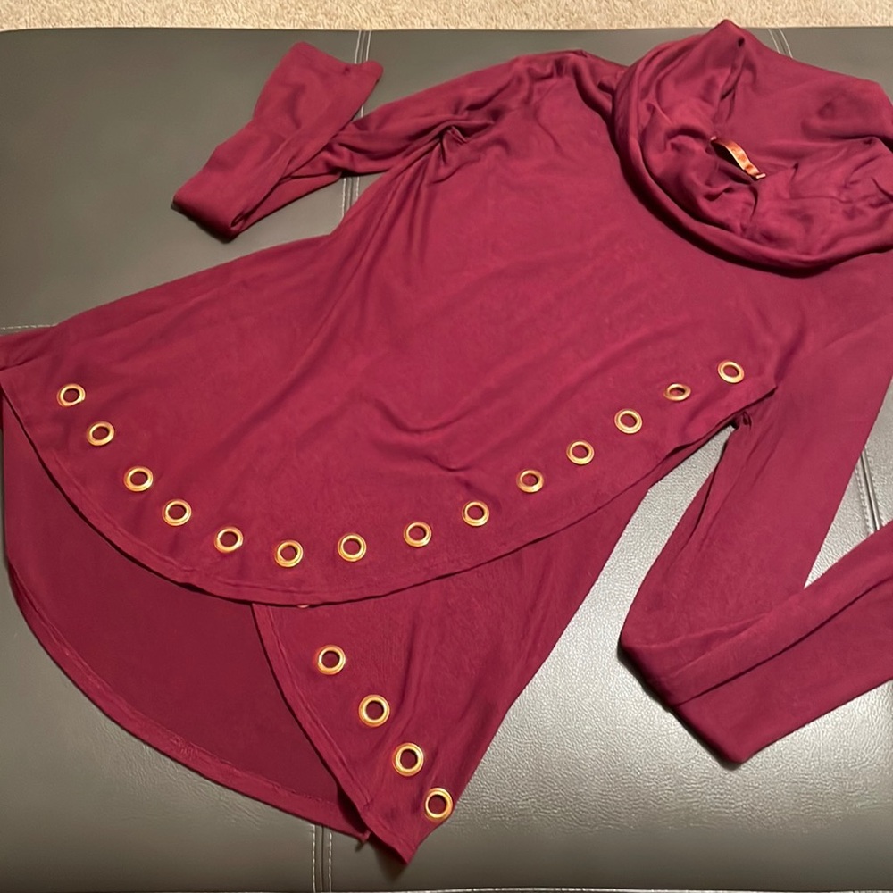 Burgundy turtle neck top goes great with leggings or jeans